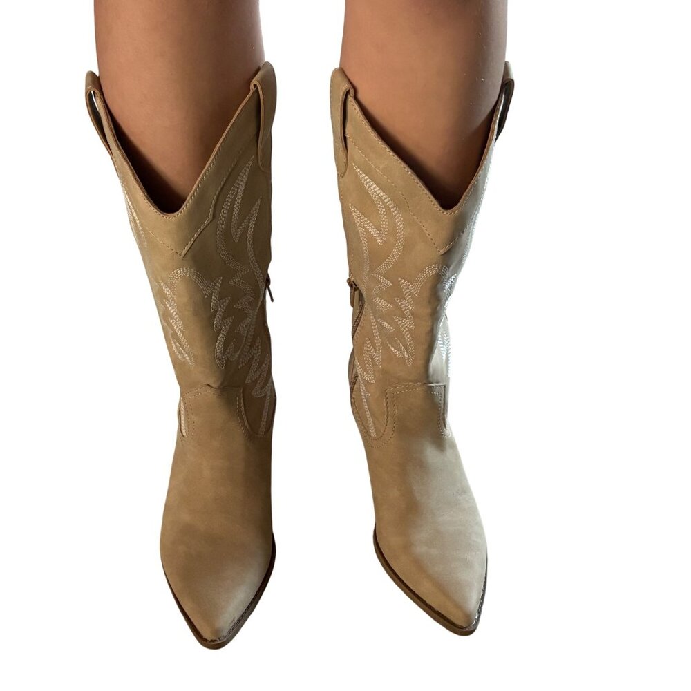 Tan Western Cowboy Boots Indigo Rd. Embroidered Mid-Calf Stacked Heel Womens 7M - Picture 2 of 15